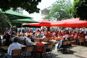Outdoor café scene in Dusseldorf's Old Town