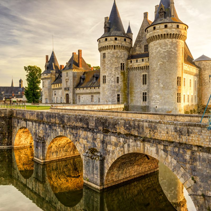 Sunset at the fairytale chateau of Sully-sur-Loire, near the France Motorhome Hire depot.